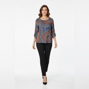 Zac & Rachel Chain Print Blouse M • Navy Geometric Top • Work Office Chic